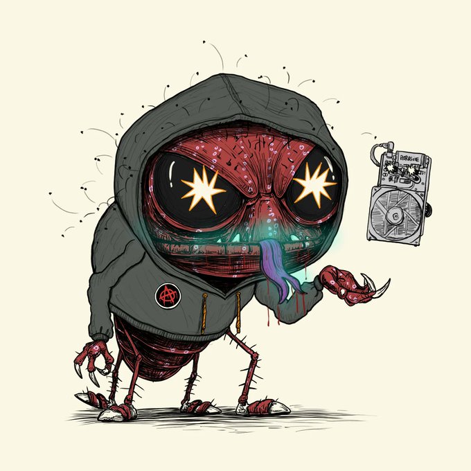 A stylized illustration of a creepy creature wearing a gray hoodie with an anarchy symbol patch, featuring glowing star-shaped eyes, a long tongue, and a Boombox music player floating nearby.