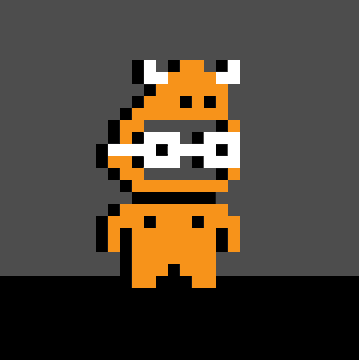 A pixel art illustration of a small orange character with two white horns, pixelated black eyes, and a white and black striped band across its face, set against a gray background.
