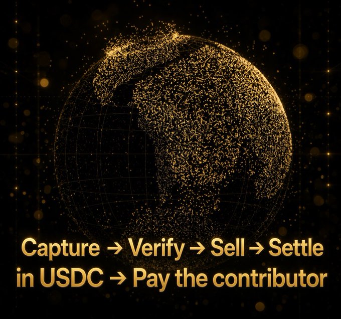 A stylized golden globe showing continents made of dots and lines on a dark background, with text reading 'Capture → Verify → Sell → Settle in USDC → Pay the contributor'.