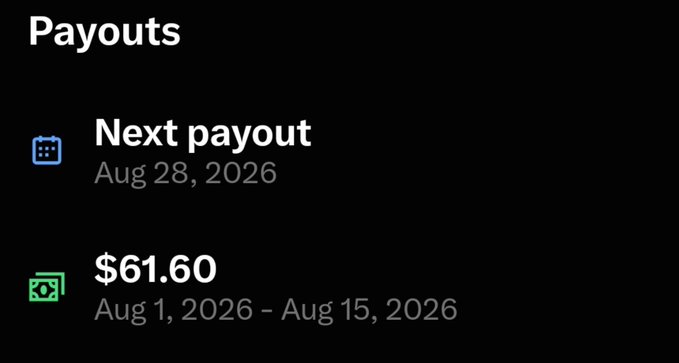 A dark-themed payouts screen displays "Next payout: Aug 28, 2026" and a previous payout amount of $61.60 for the period of Aug 1, 2026 - Aug 15, 2026.
