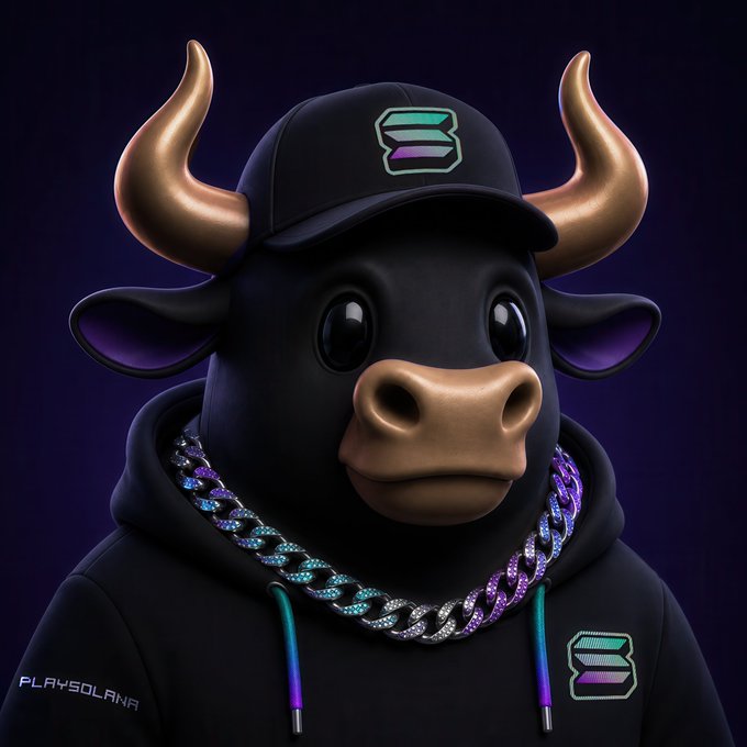 A stylized 3D-rendered black bull with gold horns wears a hoodie and cap, both featuring the Solana logo and text "PLAYSOLANA," aligning with the bullish sentiment of the post.
