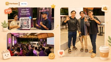 ForteMe community collage showing event attendees with QR code for 'Join Our Telegram Community' and group photos at what appears to be a gathering.