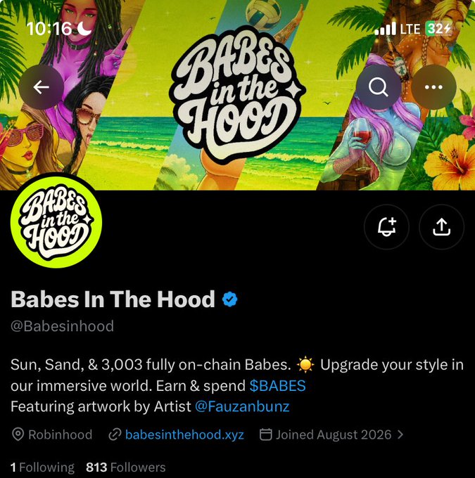 Twitter/X profile page for 'Babes In The Hood' (@Babesinhood) showing a tropical-themed banner with stylized character artwork and 813 followers.