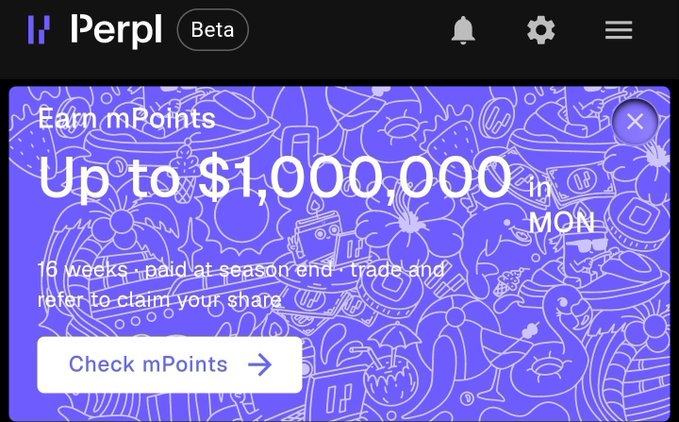 The image displays a Perpl Beta promotional banner advertising "Earn mPoints" with up to $1,000,000 in MON rewards distributed over a 16-week campaign, paid at season end for trading and referrals. The post highlights this as an early alpha opportunity, encouraging users to visit the platform, deposit supported assets, and open long or short positions to qualify for the rewards shown in the banner.