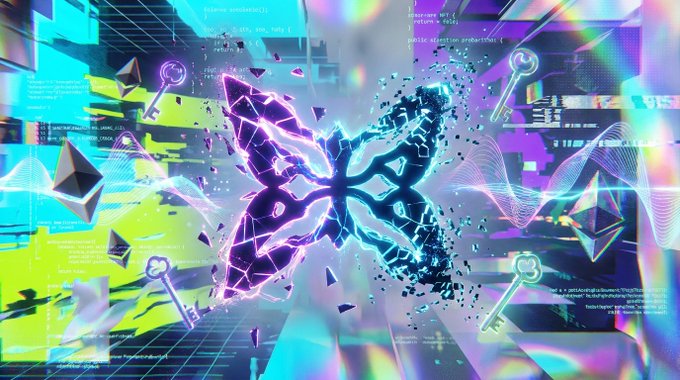 The image features a butterfly with its wings spread wide, surrounded by various keys scattered throughout the scene. The butterfly's wings are blue and purple, while the keys have different colors such as yellow, green, pink, and white. The background of the image is filled with neon lights in shades of blue, purple, and green, creating an otherworldly atmosphere. The caption below the image reads: "The NFT market spent years trying to fake rarity @quipnetwork really said: “What if we used actual quantum physics instead?” Quantum Echoes might be one of the most interesting experiments on ETH rn."