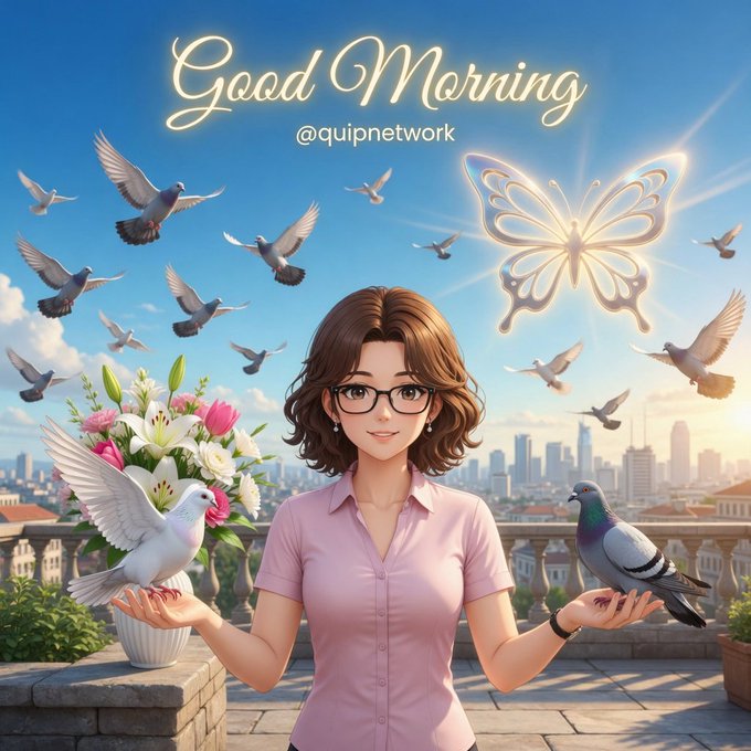 The image features a woman with glasses holding two birds - one pigeon, and one dove. The background of the image shows a city skyline under a blue sky. The text "Good morning X friends" appears at the top of the image, while the phrase "Real builders move differently, quietly improving, shipping, and preparing for the long game before the crowd even realizes what's happening." is written below it.