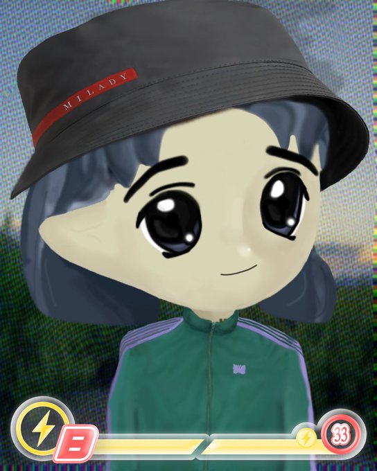 A Mii-style cartoon character wearing a black bucket hat labeled 'MILADY' and a green track jacket, with a gaming interface showing 'B' and '33' at the bottom.