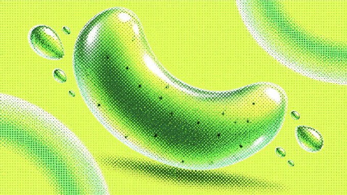 A stylized illustration shows glossy green crescent-shaped and spherical forms, resembling fruits or droplets, rendered in a halftone dot pattern against a bright green background. The image visually echoes the post's reference to "Cove," pairing the brand name with organic, refreshing imagery to suggest a waiting place for orders—much like the closing auction—where things gather at a single, fair price point.