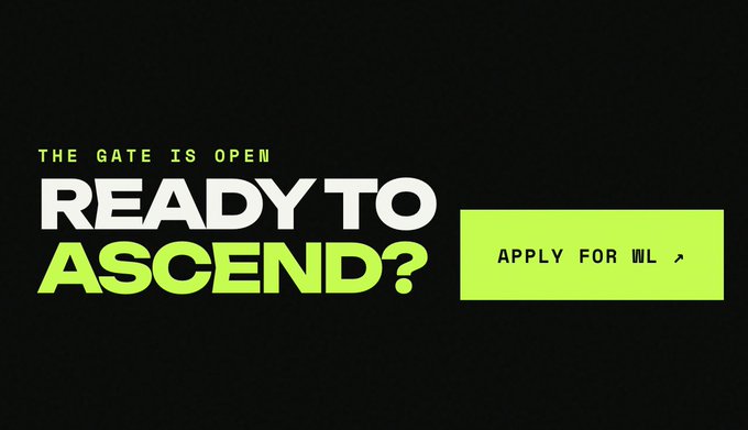 The image is a bold promotional graphic with a black background, featuring the text "THE GATE IS OPEN" in small green letters above large white and green text reading "READY TO ASCEND?" alongside a bright green "APPLY FOR WL ↗" call-to-action button. It appears to be a whitelist application banner for an NFT project, likely promoting the "Monk" collection referenced in the post, which advertises a free mint and directs users to OpenSea and the project's website (neckedmonk.xyz).