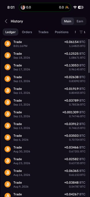 A smartphone screenshot showing a crypto trading app's History page with multiple Bitcoin (BTC) trade entries ranging from August 9, 2026 to September 18, 2026, displaying a running cumulative BTC balance that reaches 1.14825 BTC, with the most recent trades showing smaller BTC amounts consistent with the poster's described DCA (dollar-cost averaging) buying strategy.