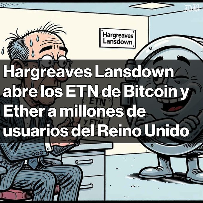 A cartoon illustration shows a sweating man looking at a happy coin character with the caption 'Hargreaves Lansdown abre los ETN de Bitcoin y Ether a millones de usuarios del Reino Unido'.