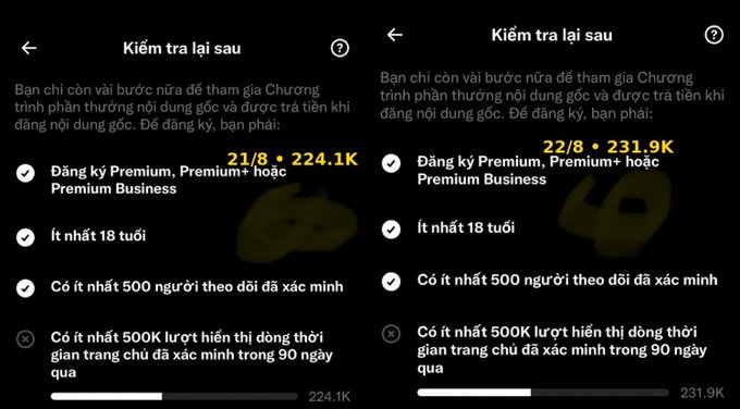 Two side-by-side Vietnamese screenshots showing requirements to join a content rewards program, listing criteria including Premium subscription, age 18+, and minimum follower counts.