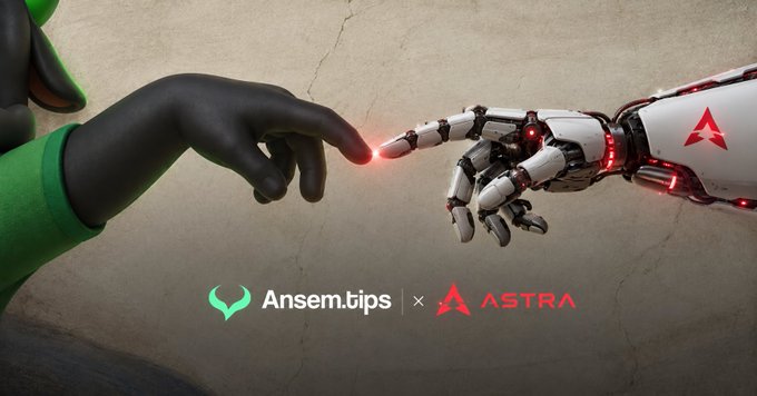 A promotional banner showing a black-gloved hand and a robotic hand reaching toward each other, featuring the logos 'Ansem.tips' and 'ASTRA' on a textured beige background.