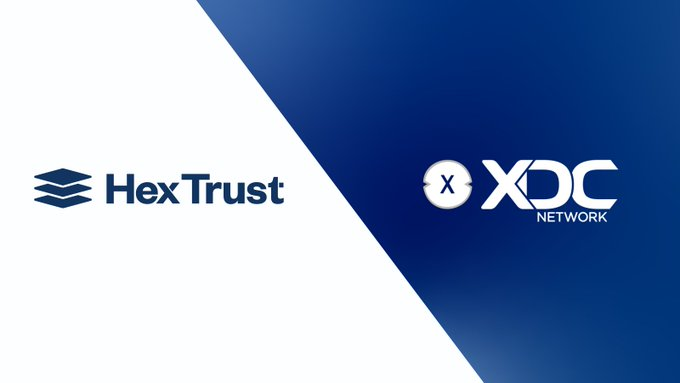 The image displays the HexTrust and XDC Network logos side by side on a diagonally split blue and white background, visually representing their partnership. This corresponds to the post announcing Hex Trust's role as an institutional Masternode Validator on the XDC Network, symbolizing the collaboration between a regulated custody provider and the blockchain's consensus infrastructure.