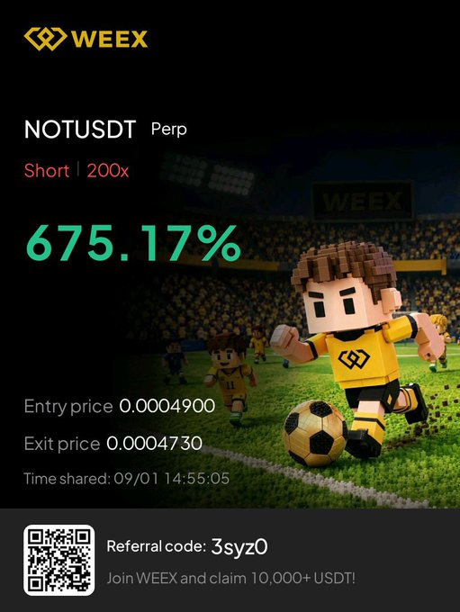 A WEEX exchange trading results screen showing a NOTUSDT short position with a 675.17% return, an entry price of 0.0004900, and an exit price of 0.0004730, featuring 3D cartoon soccer players on a stadium background.