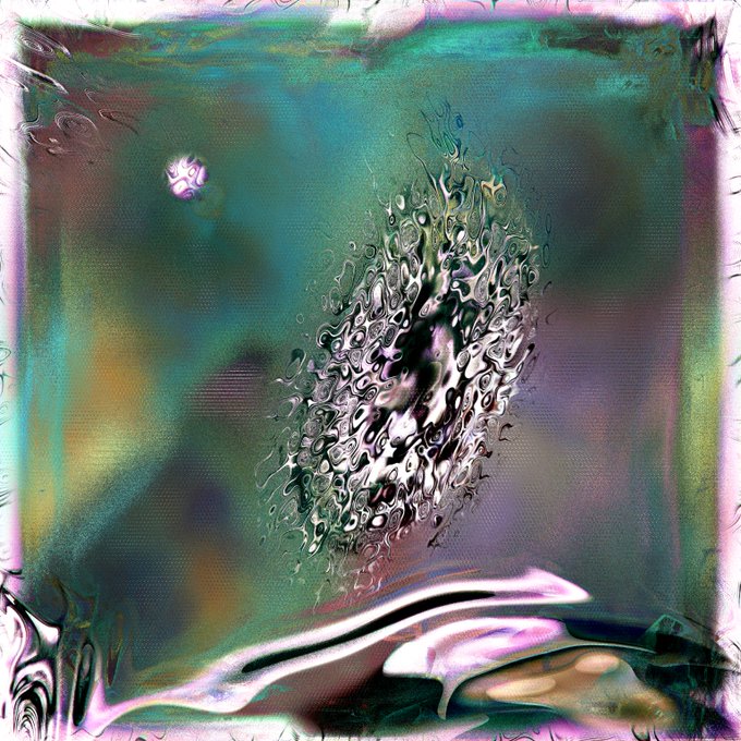 An abstract, distorted image with a rippled, water-like texture in hues of green, purple, and white, featuring a swirling, bubbly central form.