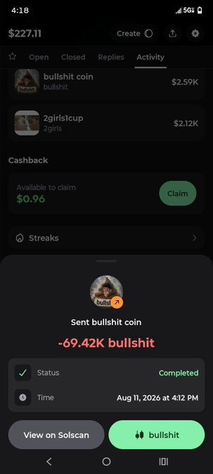 A screenshot of a crypto transaction showing a successful send of 69.42K bullshit coins worth -$69.42K to user "bullshit coin," matching the post claiming to have sent 69,420 bullshit coins to @blknoiz06. The transaction details panel displays a wallet balance of $227.11, completion status, and a timestamp of Aug 11, 2026 at 4:12 PM.