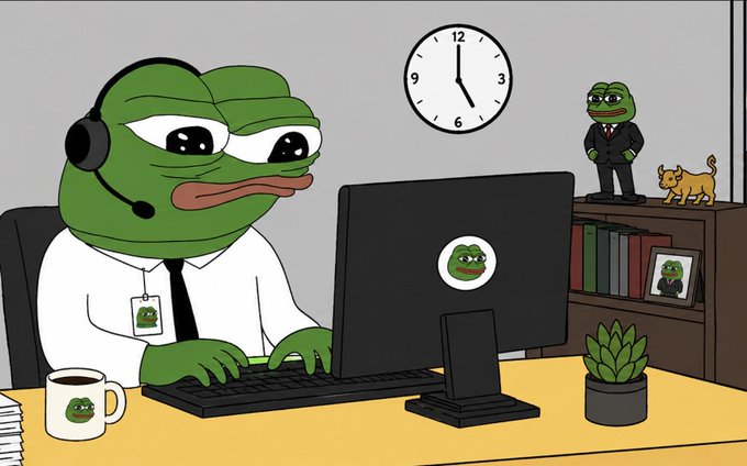 A Pepe the Frog meme depicting him as a customer service representative wearing a headset, working at a computer while a smaller Pepe in a suit stands on a bookshelf nearby.