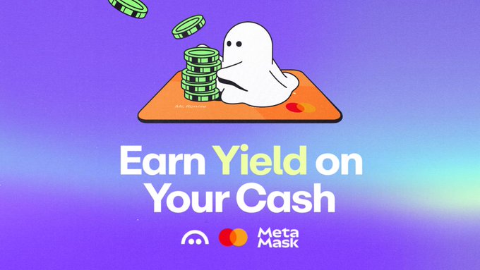 The image features an advertisement for a cryptocurrency called Aave, which is being promoted by MetaMask. The advertisement includes a cartoon character holding stacks of green chips and text that reads " Earn Yield On Your Cash". This suggests that users can earn interest on their Aave balances or deposits.