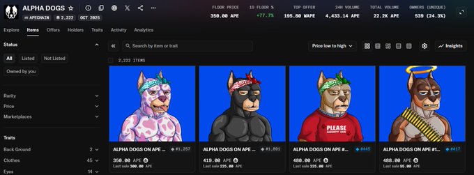 A screenshot of an NFT marketplace showing the 'ALPHA DOGS ON APE' collection with a floor price of 350 APE, displaying four dog-themed NFT artworks in various outfits and bandanas.