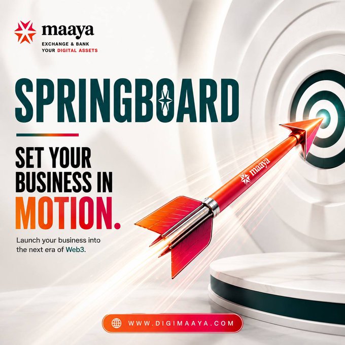 A promotional graphic for "maaya Exchange & Bank Your Digital Assets" features a red rocket emblazoned with the Maaya logo soaring toward a target, visualizing the tagline "SPRINGBOARD: Set your business in motion. Launch your business into the next era of Web3." The image reinforces the post's message by symbolizing how the Springboard service propels businesses forward with purpose into Web3 opportunities.