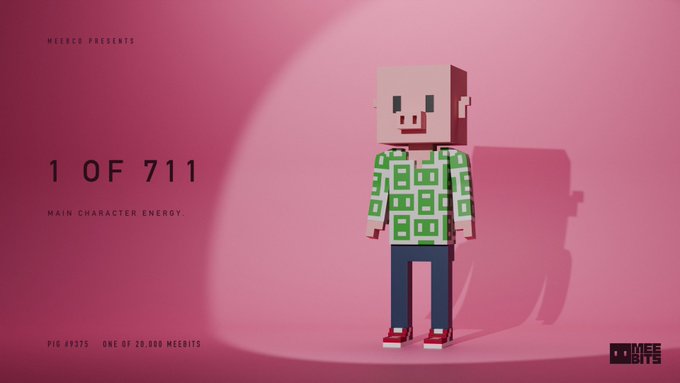 A pink background displays a pixelated/voxel character figure alongside text '1 OF 711', 'MAIN CHARACTER ENERGY', 'MEBITS', and 'ONE OF 20,000 MEEBITS'.