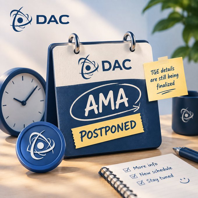 A promotional graphic showing a desk calendar and notebook branded with 'DAC', displaying the text 'AMA POSTPONED' with a sticky note reading 'TGE details are still being finalized' and a checklist mentioning 'More info', 'New schedule', and 'Stay tuned'.