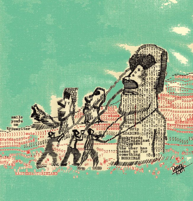 ASCII art style illustration on a teal background showing figures pulling a chain, with text 'smile youfe on Typewriter' and 'EAST BAST ISLAND'.