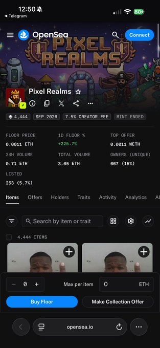 A screenshot of the OpenSea marketplace shows the "Pixel Realms" NFT collection with 4,444 items, a floor price of 0.0011 ETH (+225.7% in 1D), and only 253 listed, illustrating the low-value, thinly-traded state of NFTs on the platform.