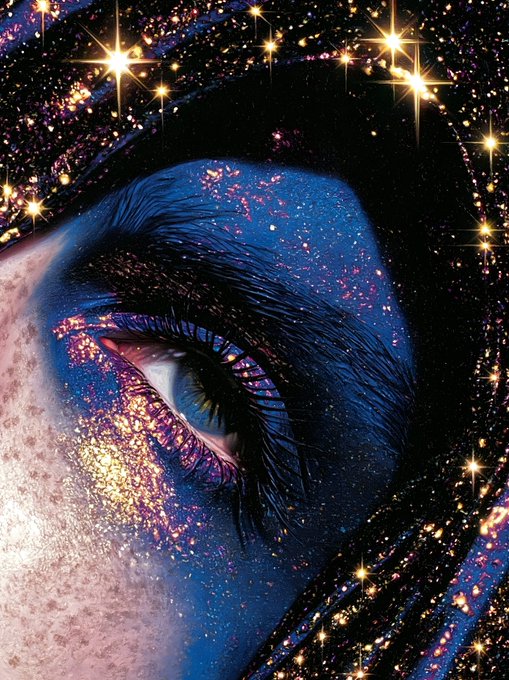 A surreal digital artwork featuring a close-up of an eye and part of a face covered in blue and purple glitter makeup, set against a dark cosmic background with glowing golden stars.