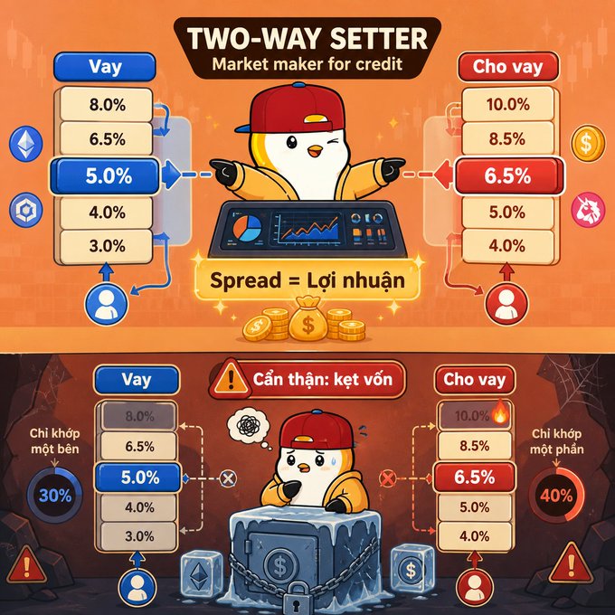 An infographic titled 'TWO-WAY SETTER - Market maker for credit' comparing 'Vay' (Borrow at 5.0%) and 'Cho vay' (Lend at 6.5%) rates, illustrating 'Spread = Lợi nhuận' (Profit) in a happy scenario versus a warning scenario labeled 'Cần thận: kẹt vốn' (Careful: capital stuck).