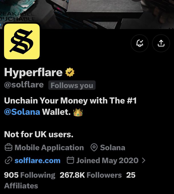 The image shows a verified X/Twitter profile for "Hyperflare" (@solflare), rebranded from its original name, promoting itself as "The #1 Solana Wallet" with 267.8K followers. The accompanying post celebrates the rebrand, teasing that big announcements are coming this week from the wallet's team.