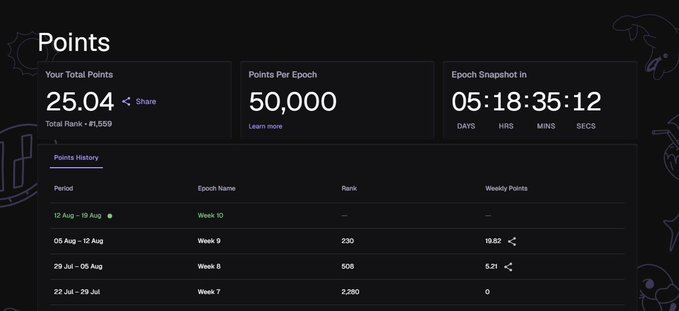 A dashboard interface showing 'Your Total Points: 25.04', 'Points Per Epoch: 50,000', and an 'Epoch Snapshot In' countdown of 05:18:35:12, along with a 'Points History' table listing weekly epochs and ranks.