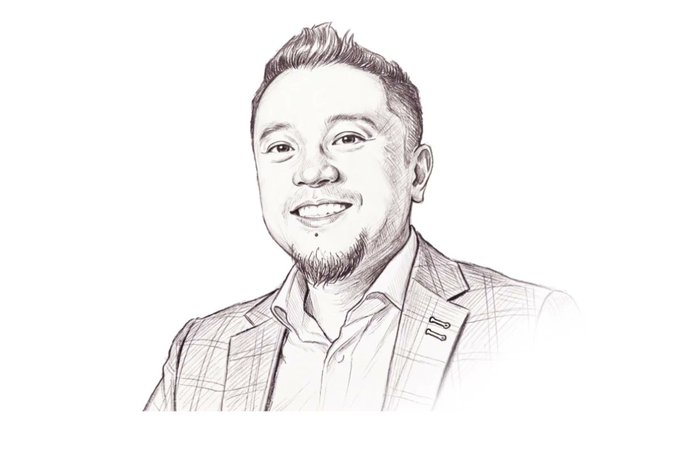 A pencil-style sketch portrait of a smiling bearded man in a checkered blazer and collared shirt, identified as Coins.ph CEO Wei Liu (@thedaoofwei), accompanying a quote about making blockchain technology work seamlessly behind the scenes.