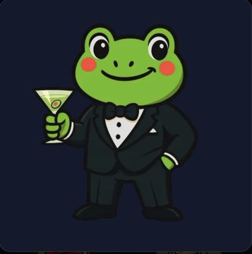 Cartoon illustration of a green frog wearing a black tuxedo and bowtie, holding a martini glass, set against a dark blue background.