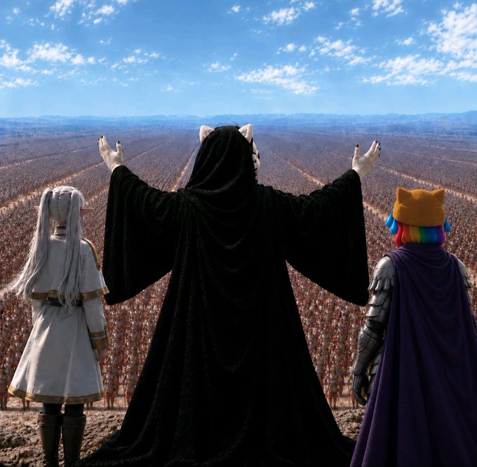 Three figures stand on a cliff overlooking a vast army: a horned character in black robes with arms raised, an elf-like figure in white, and a rainbow-haired character wearing a cat ear hat with a purple cape.