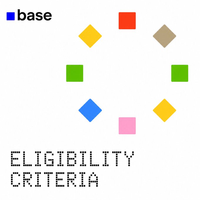 This image visually represents the "ELIGIBILITY CRITERIA" for a "Base Airdrop" by displaying the "Base" logo alongside a circular arrangement of colored squares and diamonds, mirroring the provided post's focus on how to qualify.