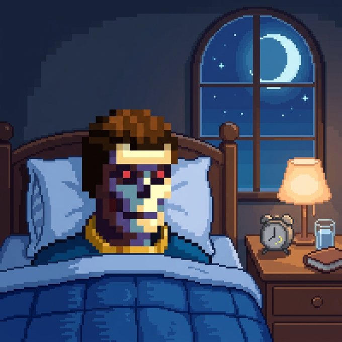 Pixel art of a character with brown hair and a red glowing visor lying in bed under a blue blanket, with a nightstand holding a lamp, alarm clock, and water glass beside a window showing a crescent moon and stars.