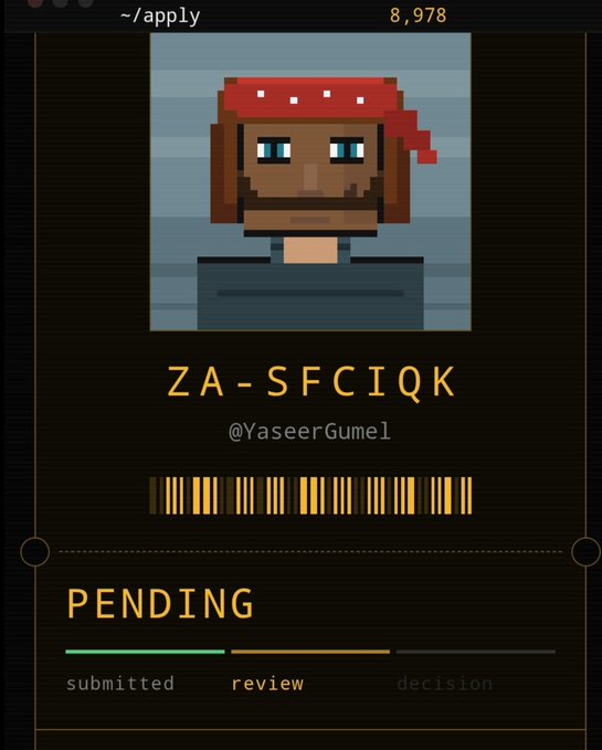 A terminal-style application interface showing a pixel art avatar with a red bandana, the ID 'ZA-SFCIQK', username '@YaseerGumel', and a status bar indicating 'PENDING' at the review stage.