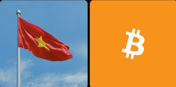 A split image showing Vietnam's red flag with a yellow star on the left against a blue sky, and the white Bitcoin logo on an orange background on the right. The juxtaposition visually represents Vietnam's tightening regulatory stance on cryptocurrency, despite the country having no officially licensed crypto exchanges yet.