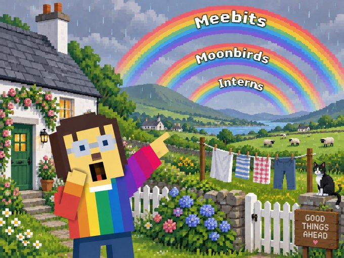 A pixelated character in a rainbow sweater excitedly points to a triple rainbow arching over a quaint countryside cottage, with the words "Meebits," "Moonbirds," and "Interns" labeled across each arc, alongside a "Good Things Ahead" sign. The triple rainbow cleverly represents the three NFT collections (Meebits, Moonbirds, and Interns) united under one hopeful sky.