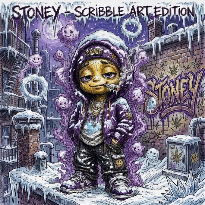 Vibrant graffiti-style artwork titled "STONEY - SCRIBBLE ART EDITION" depicting a yellow alien character in a purple fur-lined hooded jacket smoking a joint, surrounded by purple smoke clouds, set in a winter cityscape with icicles and graffiti.