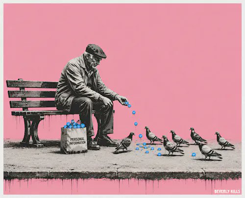 Street art-style illustration of an elderly man on a bench feeding pigeons blue pills from a bag labeled 'PERSONAL INFORMATION' against a pink background, signed 'BEVERLY KILLS'.