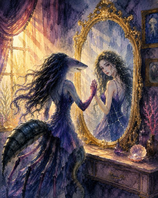A fantasy watercolor painting depicting a dark-haired woman with a reptilian tail and shadowed face looking into a cracked gold-framed mirror, where a normal human reflection is visible, illuminated by sunlight from a nearby window.