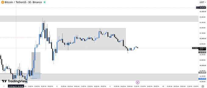 A TradingView candlestick chart for Bitcoin/TetherUS (BTCUSDT) on Binance, showing price action in a 30-minute timeframe with various technical analysis zones marked.