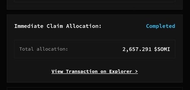 A screenshot shows a completed "Immediate Claim Allocation" with a total allocation of 2,657.291 $SOMI tokens, corresponding to the poster's claim of part of their Somnia S5 airdrop allocation.