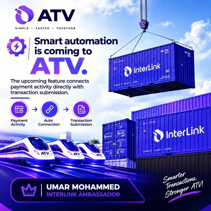 A promotional graphic for ATV and InterLink, announcing 'Smart automation is coming to ATV,' featuring a high-speed train and shipping containers, with 'UMAR MOHAMMED' listed as an InterLink Ambassador.