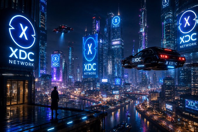 A futuristic cyberpunk cityscape at night featuring 'XDC Network' branding on multiple illuminated skyscrapers with flying vehicles overhead.
