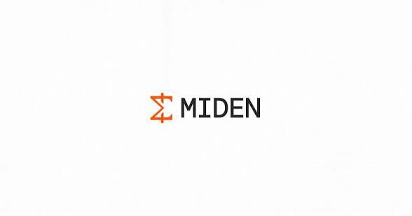 A minimal white background displaying the logo and name "MIDEN" in black text, accompanied by an orange geometric symbol.