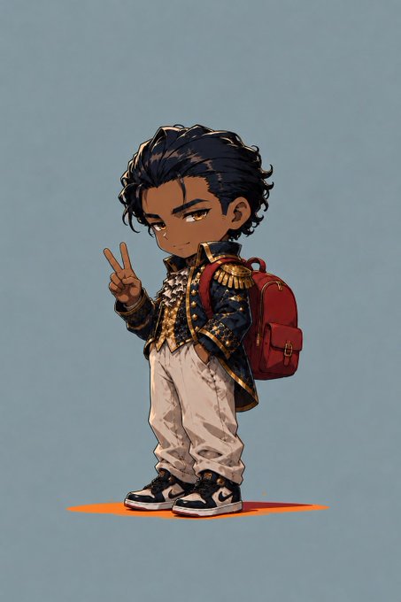 A chibi-style illustration of a young character with dark hair, wearing an ornate dark jacket with gold details, white pants, sneakers, and a red backpack, making a peace sign against a teal background.